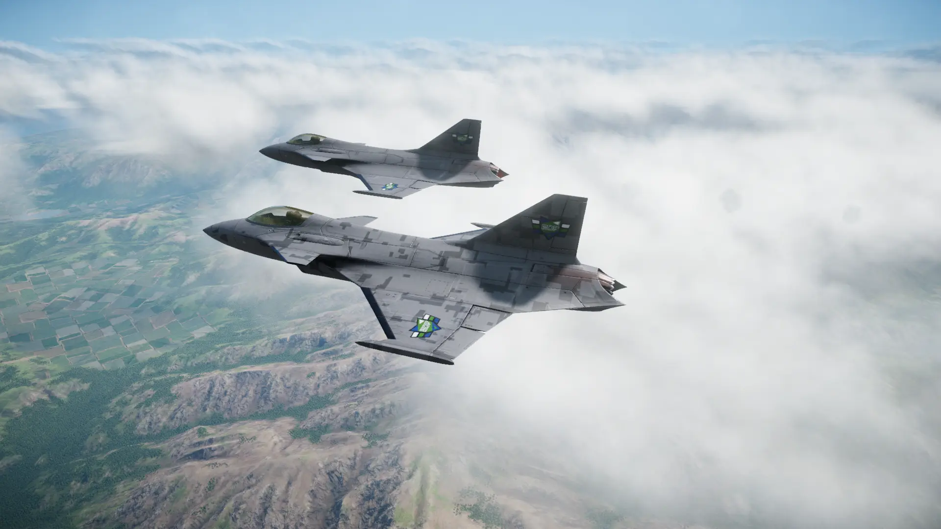 Two FS-12 Revoker wingmen flying tandem alongside each other above the clouds